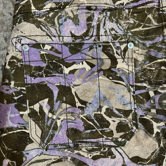 Pilcro The Wanderer Camo Multicolor Jeans Green Cream Purple Metallic Size 32T - Picture 15 of 16